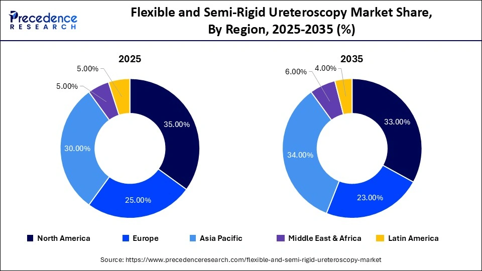 Flexible and Semi-Rigid Ureteroscopy Market Share, By Region, 2025-2035 (%)