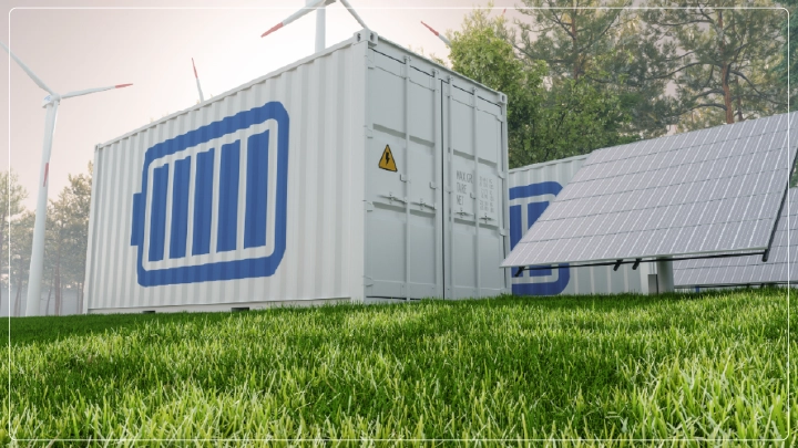 Battery energy storage with solar panels and wind turbines for renewable power.